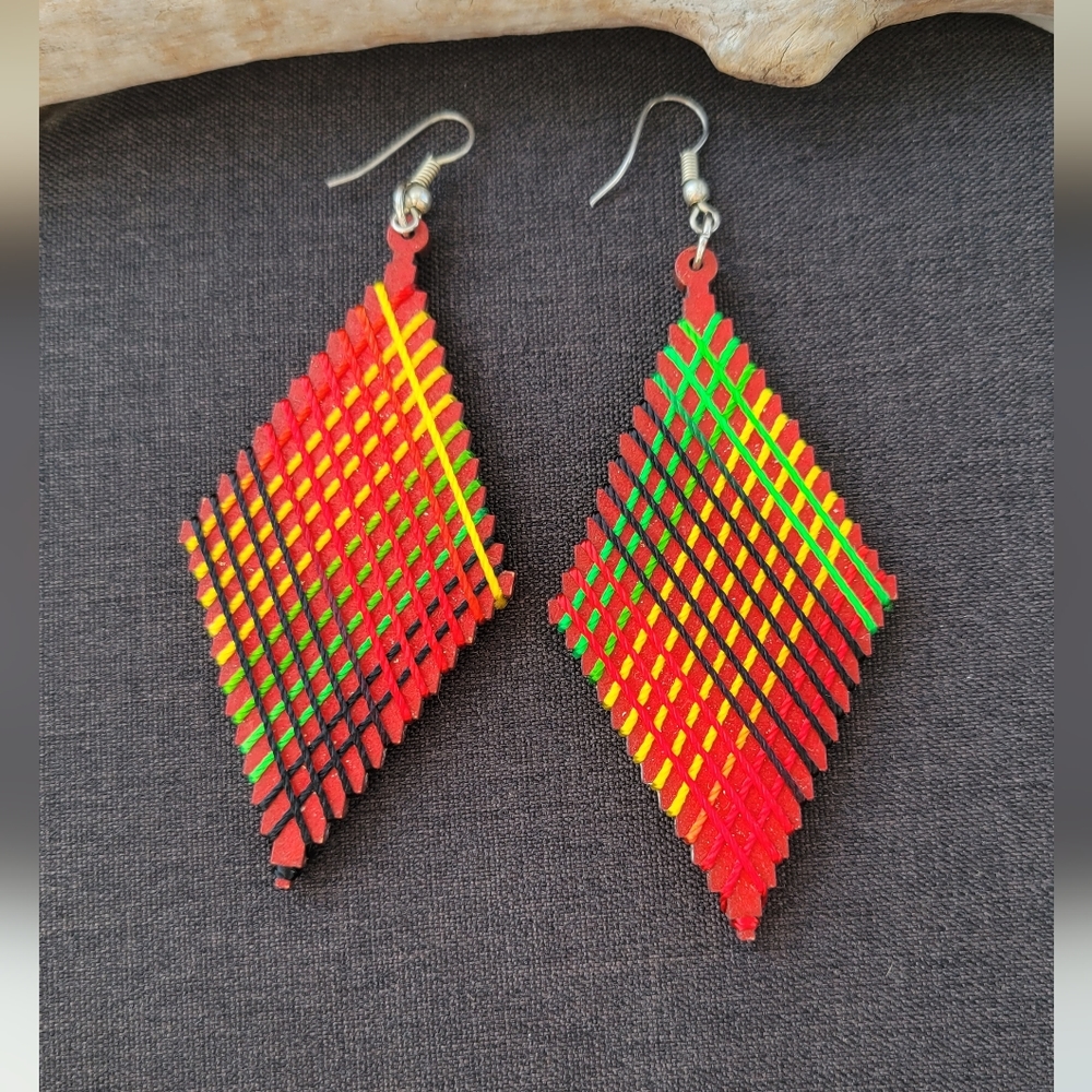 Handmade Multicolor Geometric Wooden Earrings - Picture 5 of 7